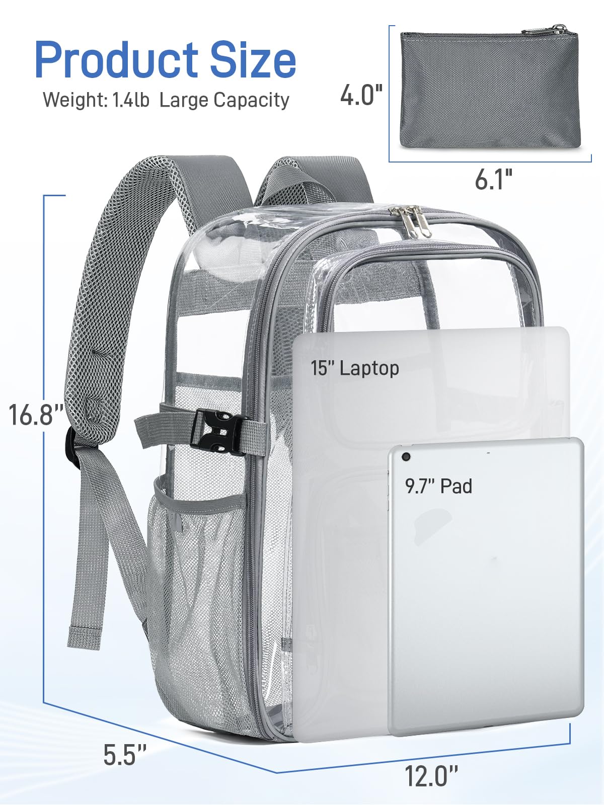 17" Clear Backpack for School, Large Clear Bookbag with Accessories