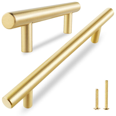 5-Pack Solid Brass Cabinet Pulls, Brushed Gold Handles, 3-3/4 Inch