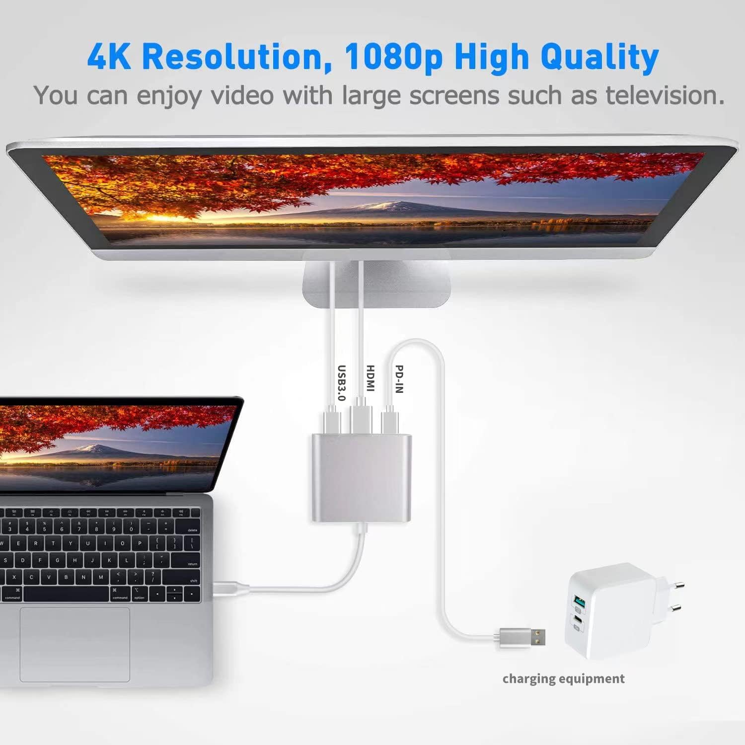USB C to HDTV Adapter USB Type C Adapter Multiport AV Converter with 4K HDTV Output C Port & 3.0 Fasting Charging