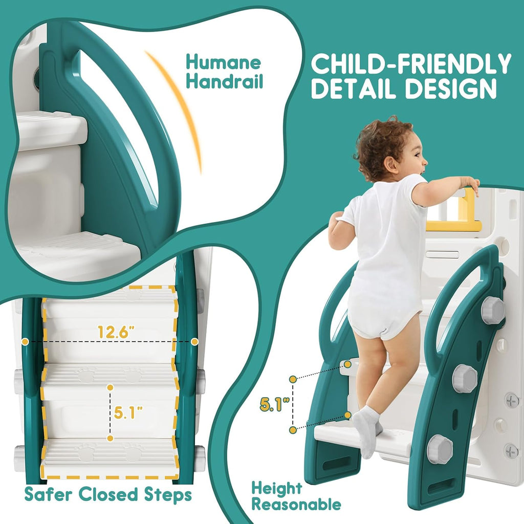Toddler Slide for Kids with Climber Basketball Hoop, Storage Space, Telescope Kids Indoor Slide Baby Slide for