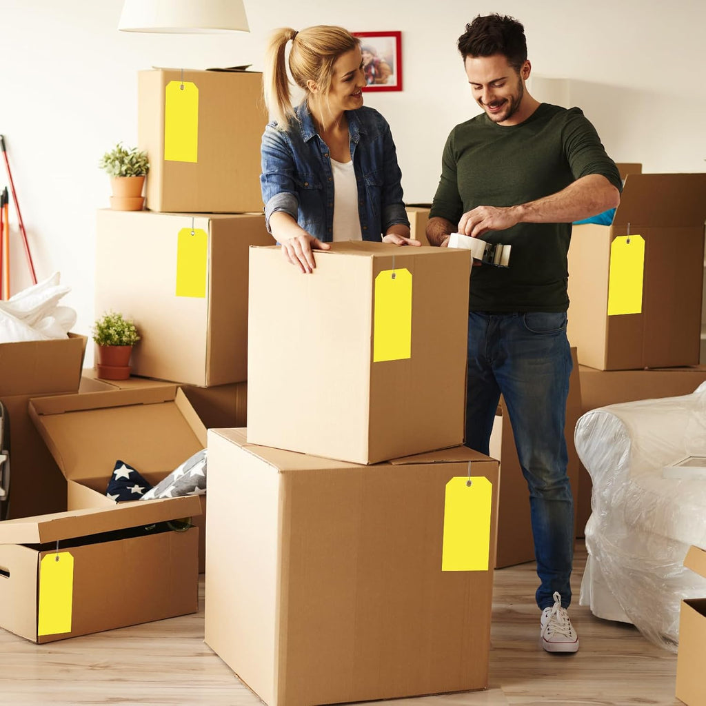 100 Large Yellow Plastic Shipping Tags - 3x6 inch, Heavy Duty, Waterproof, Writable, With String Attached
