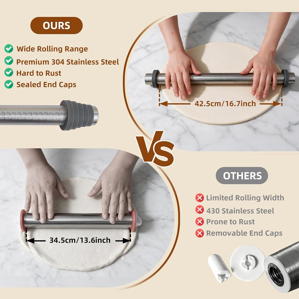 Adjustable Rolling Pin with Thickness Rings for Baking -Roller for Cake Pop