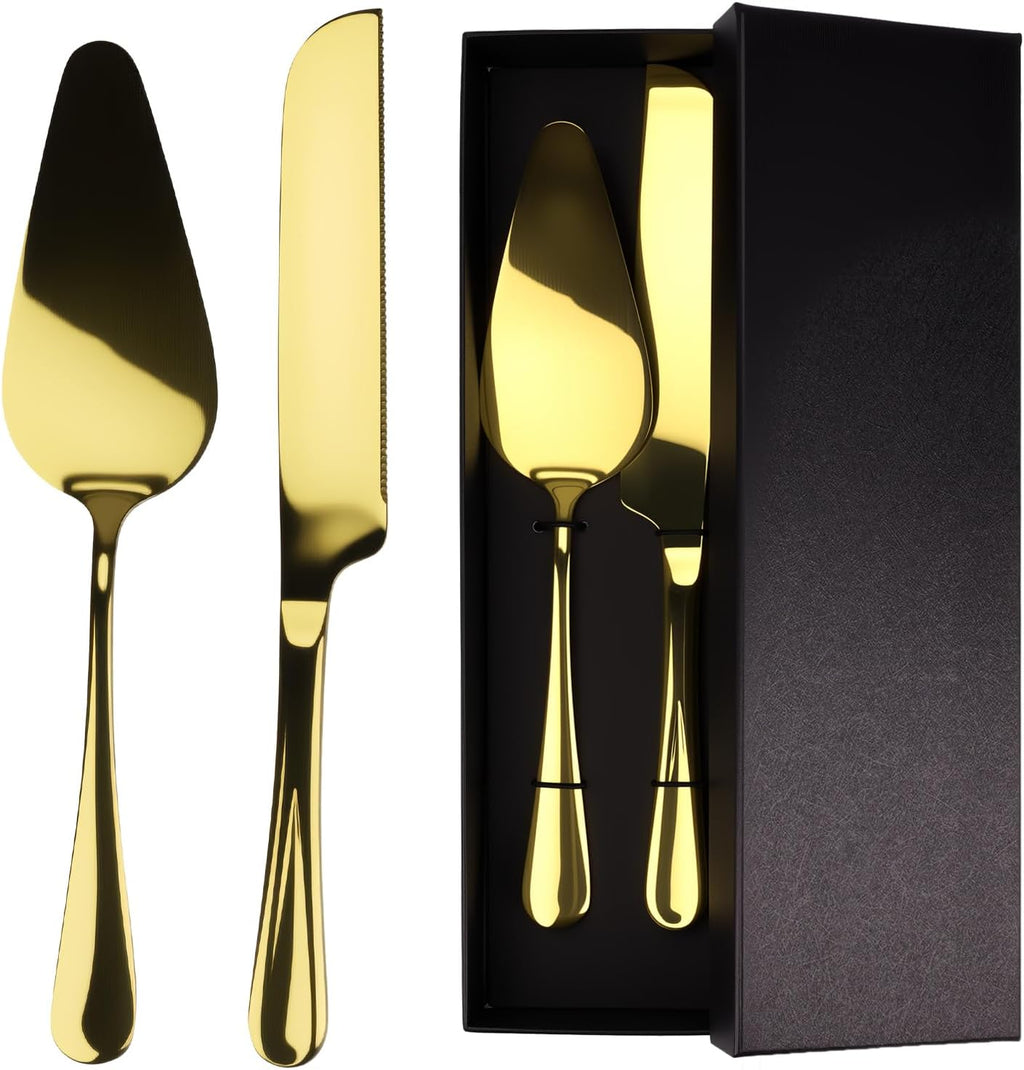 2-Piece Stainless Steel Cake Knife And Server Set, Gift Box (Gold)