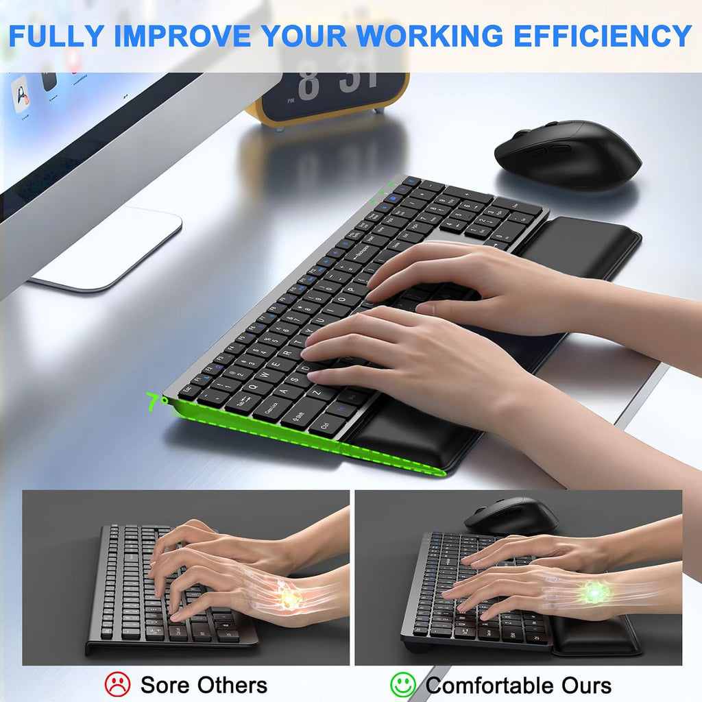 Wireless Keyboard and Mouse Combo, Full Size Silent Ultra Thin Keyboard with Magnetic Wrist Rest, Optical Mouse, 2.4G