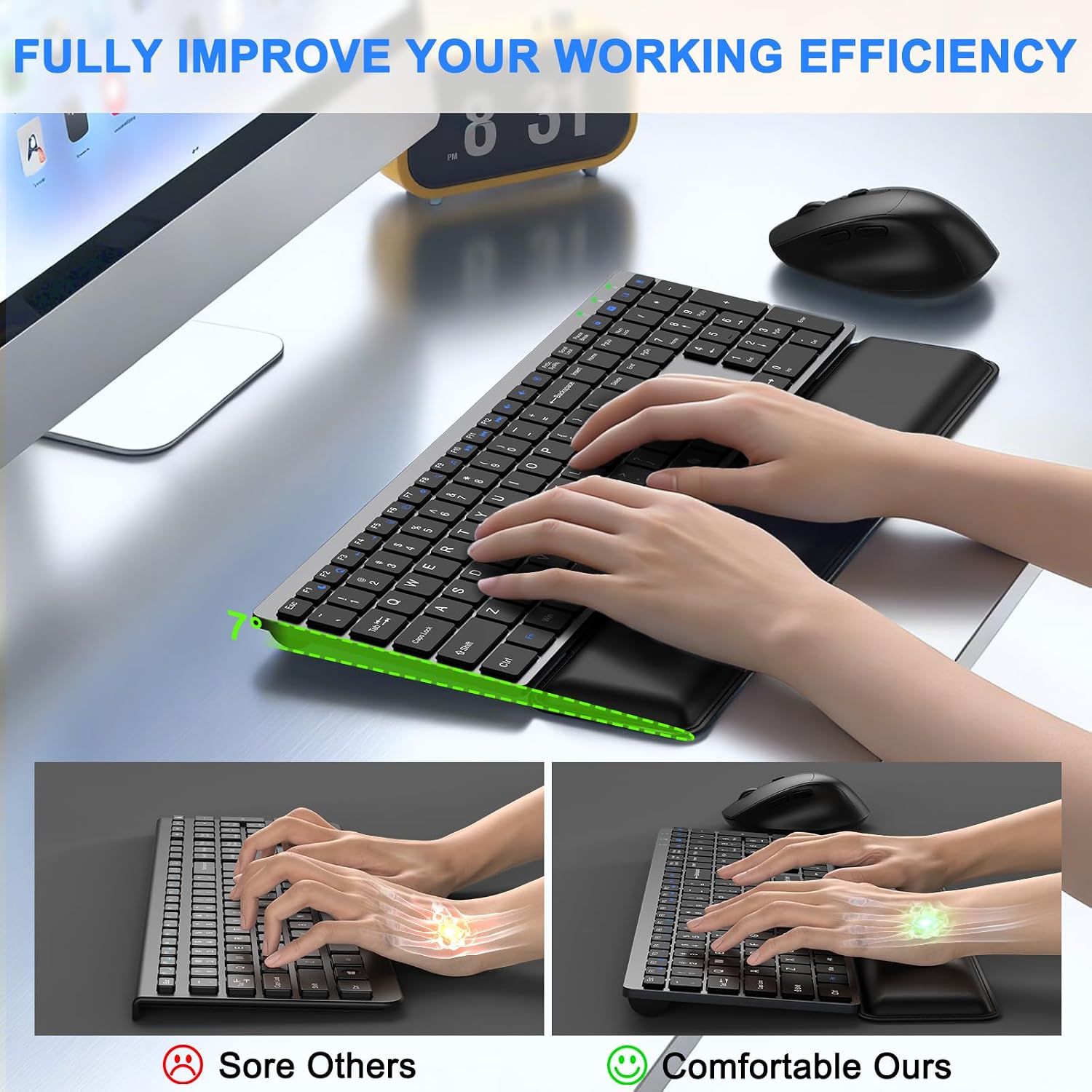 Wireless Keyboard and Mouse Combo, Full Size Silent Ultra Thin Keyboard with Magnetic Wrist Rest, Optical Mouse, 2.4G