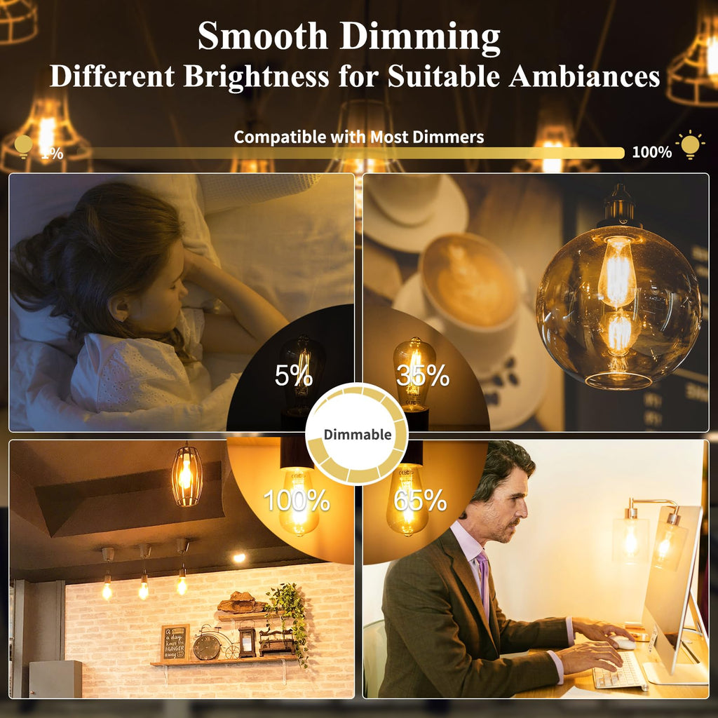 Dimmable Edison Bulbs 100W Equivalent, Warm White 2700K, 2-Pack