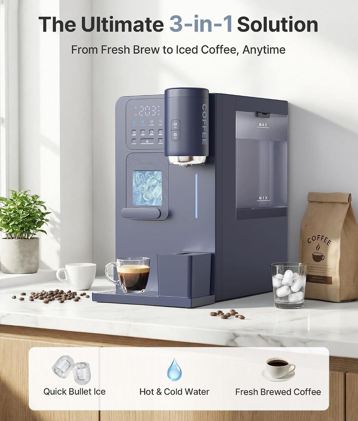 3-in-1 Water Dispenser with Ice Maker with Compact Coffee Brewer