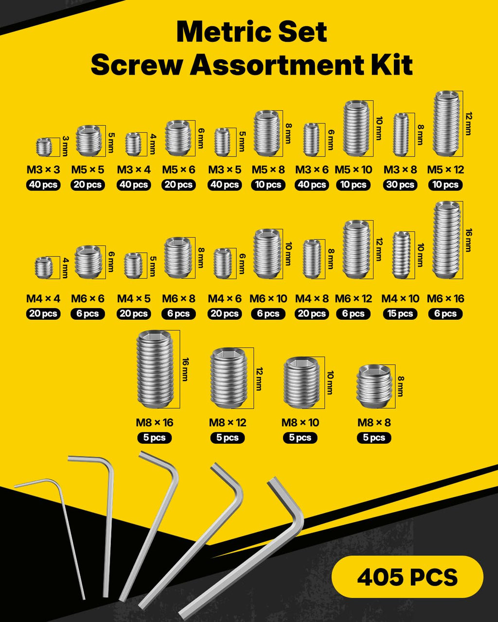 Vibit 405 Pcs Metric Set Screw Assortment Kit, M3 M4 M5 M6 M8