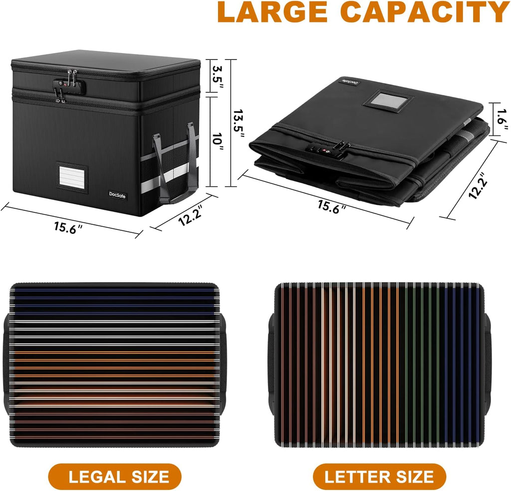 File Box with Lock,Multi-Layer Fireproof Document Box Collapsible File Storage Organizer with Pockets/Handle,Large