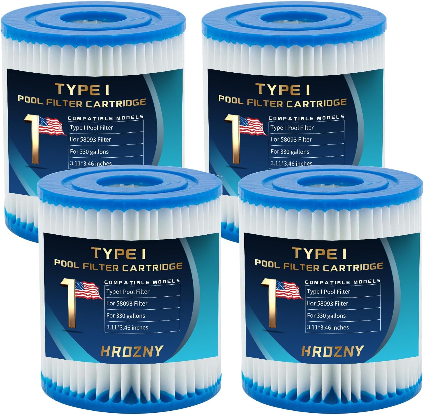 Type I Pool Filter Cartridge,Pool Filter Cartridge Size 1 for 58093,for Summer Waves 300/330 Gal/h Filter Pumps(4 Pack)