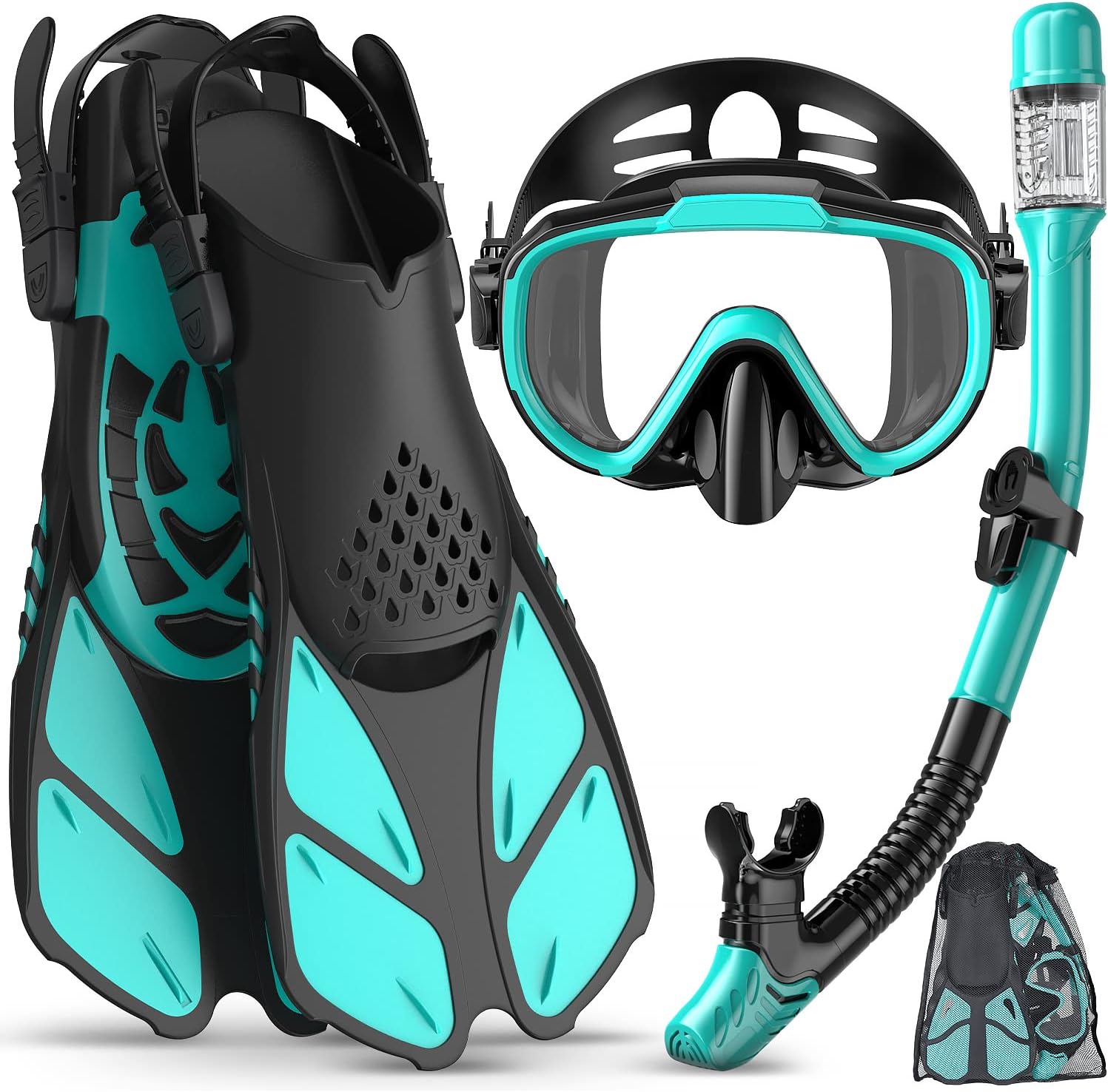 Snorkeling Gear for Adults Men Women,4 in 1 Snorkel Set with Panoramic View Diving Mask Anti-Fog Anti-Leak,Dry Top