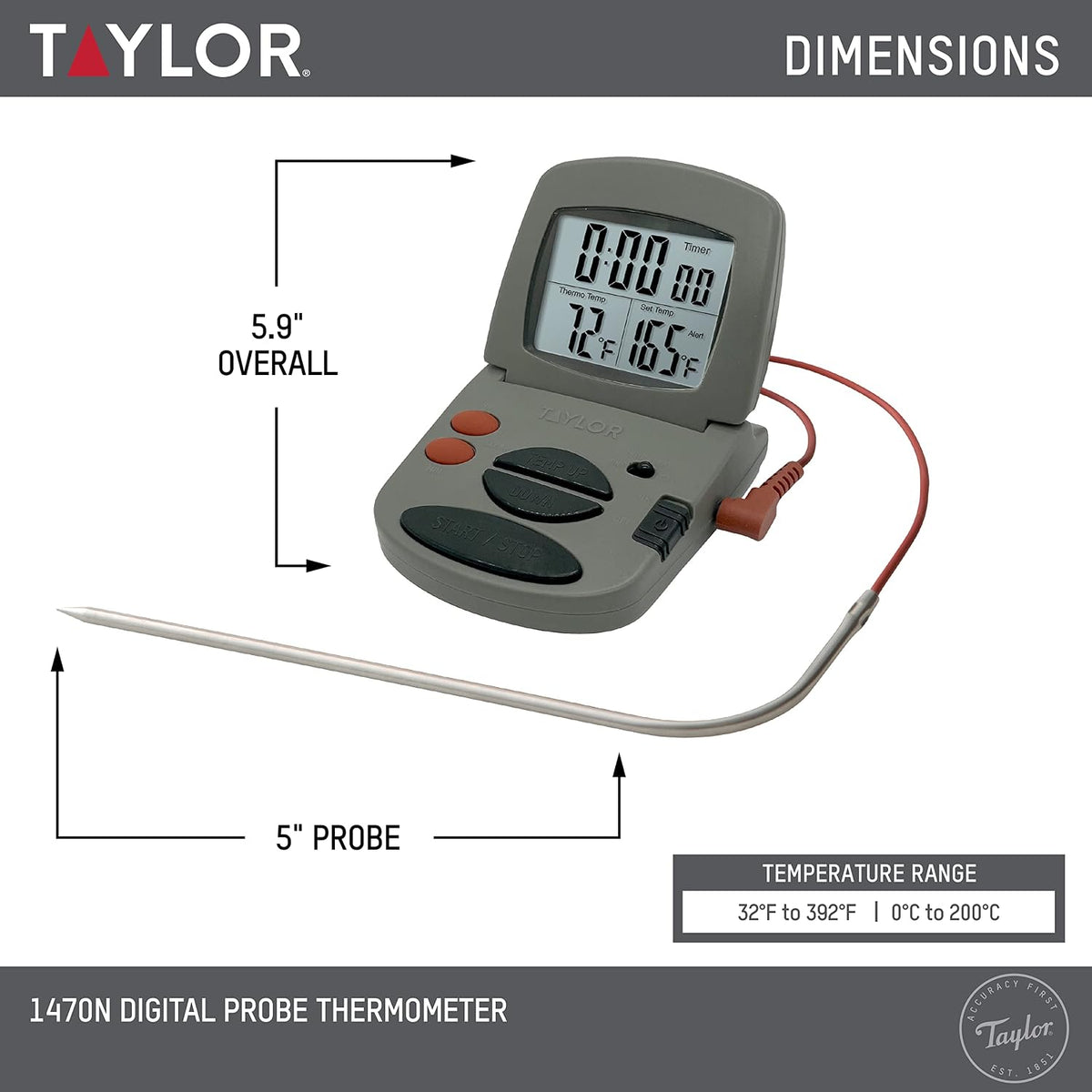 Precision Products Programmable with Timer Instant Read Wired Probe Digital, Meat, Food, Grill BBQ Cooking Kitchen