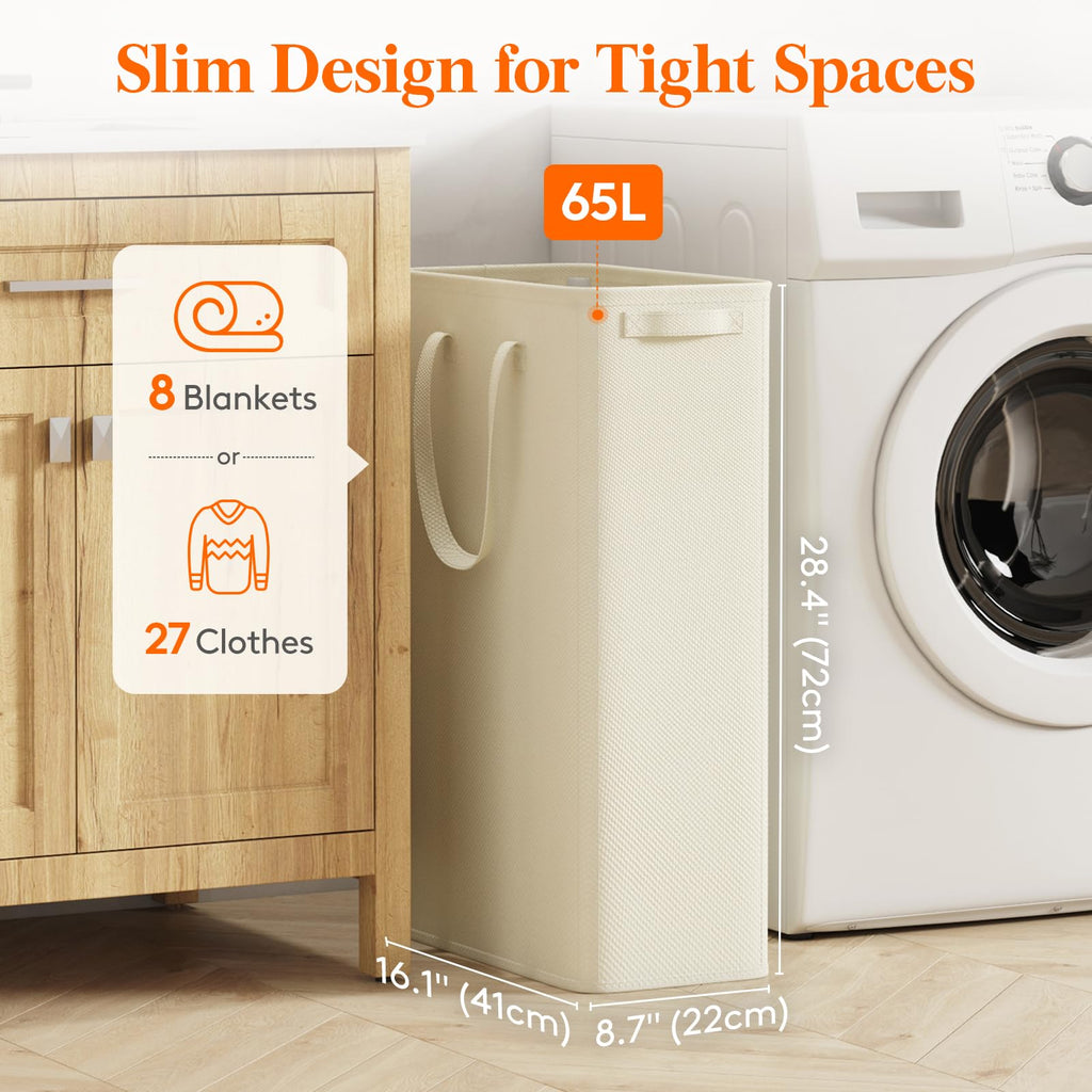 2 Pack Slim Laundry Hamper with Handles, 65L, White