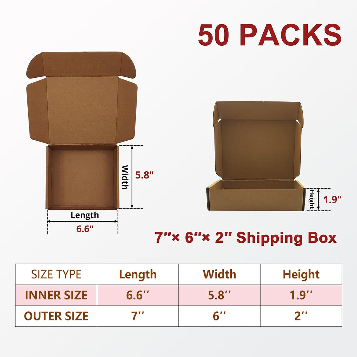 Brown Shipping Boxes 7x6x2 Inch 50 Pack, Corrugated Packaging Boxes