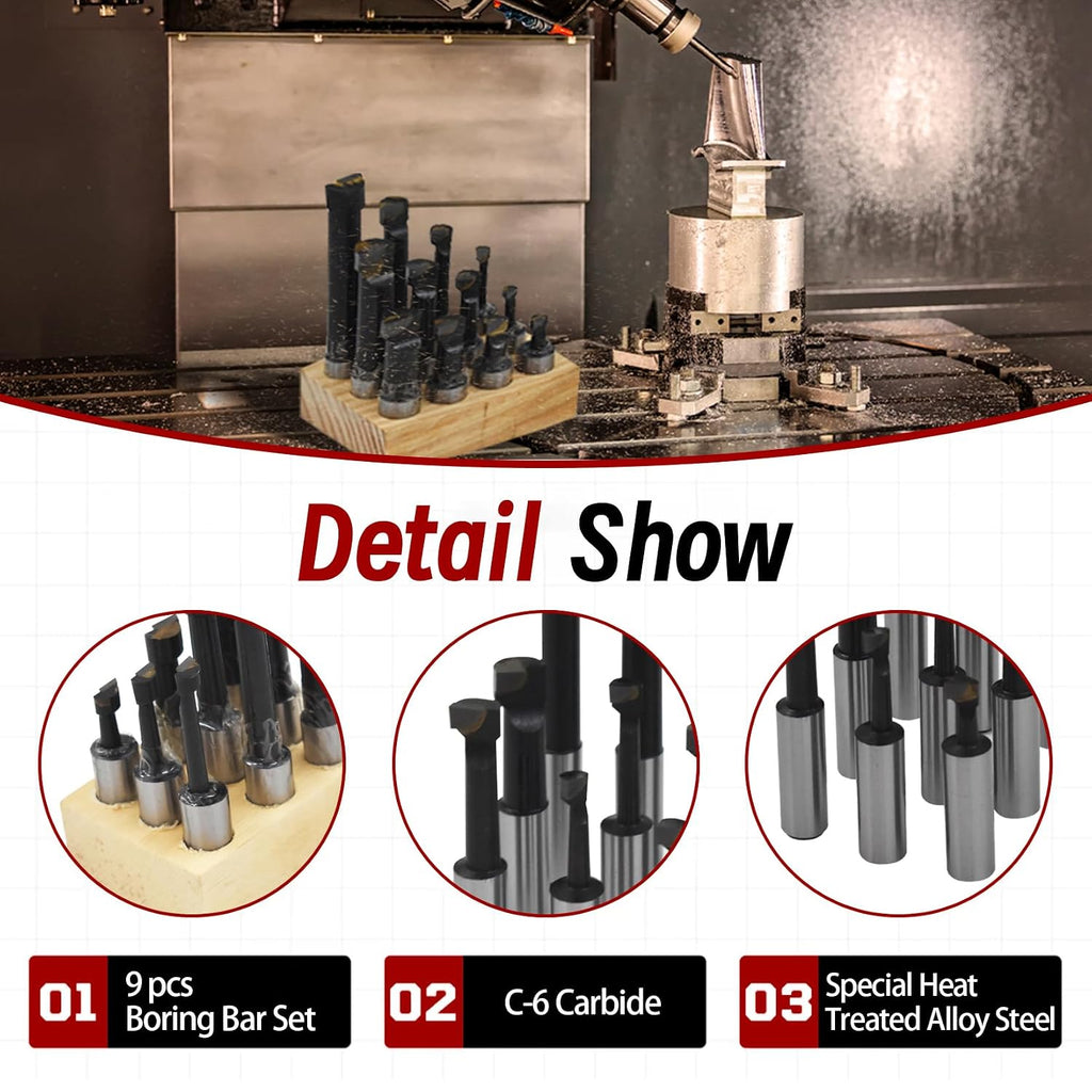 findmall 9Pcs 1/2" Boring Bar C6 Carbide Tipped Bars， 1/2 Shank Diameter