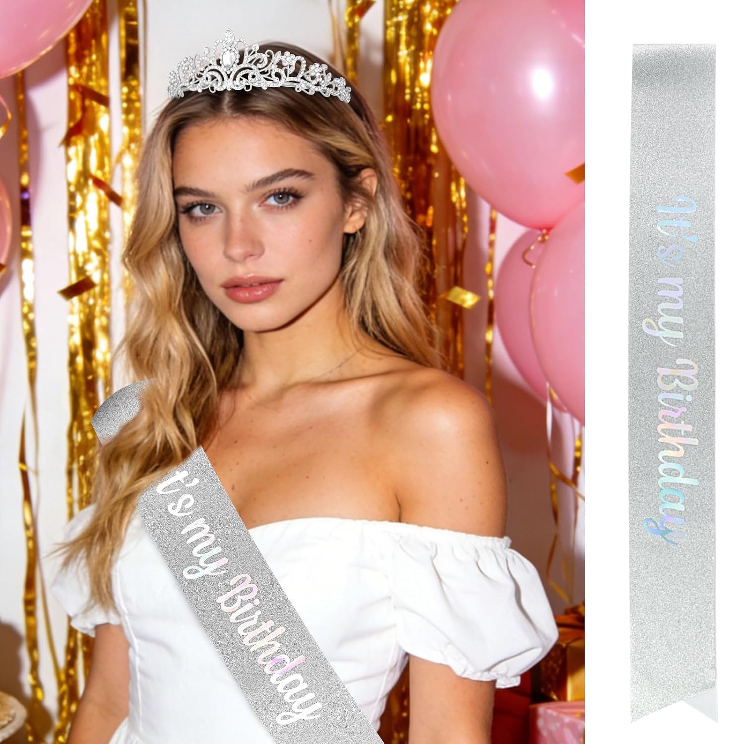Silver Rhinestone Birthday Tiara and Sash Set, "It's my Birthday" Glitter Sash with Crystal Crown for Women, Birthday