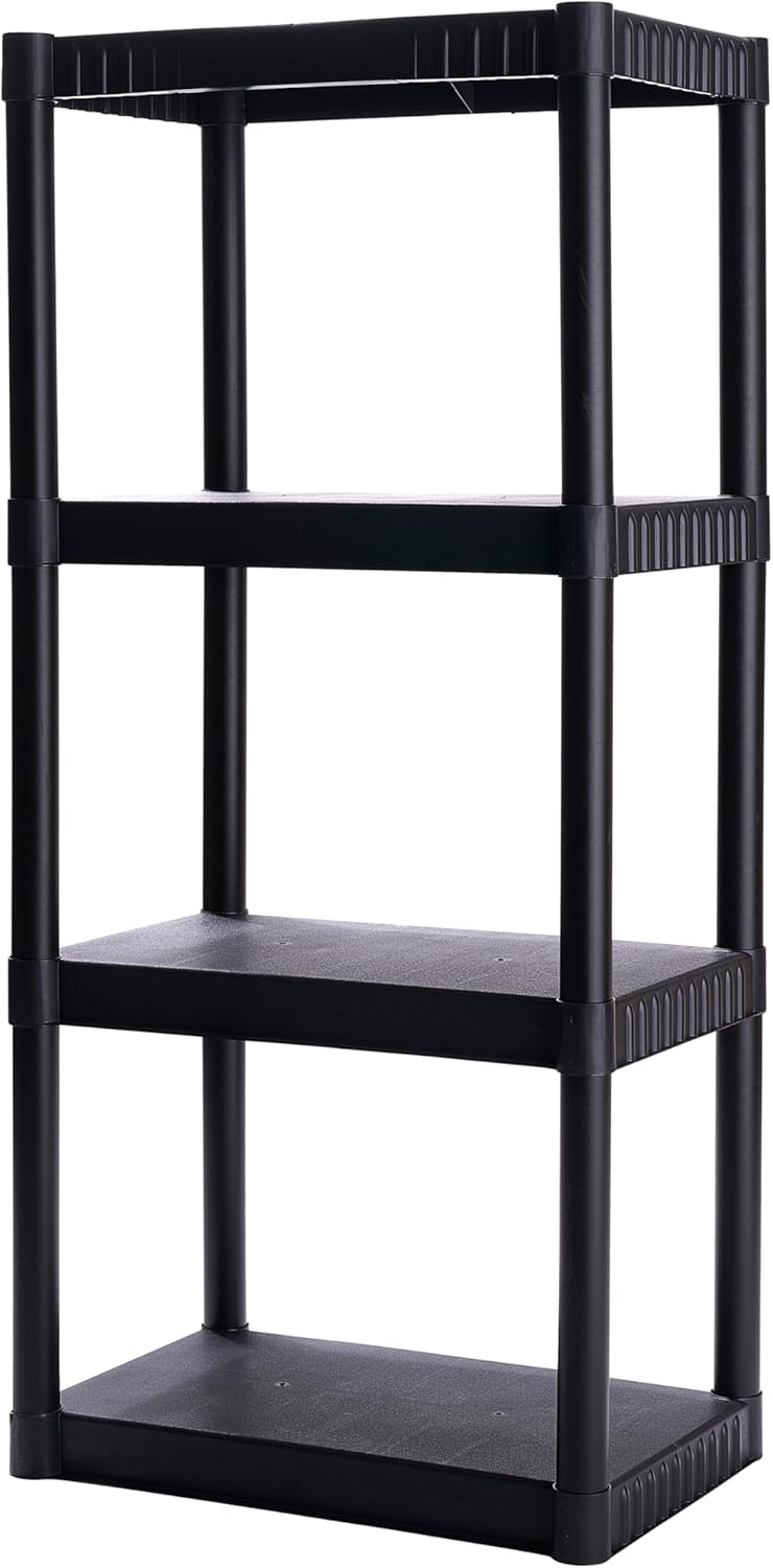 4-Shelf Plastic Storage Shelves, 48” x 23” x 14”, 200lb Capacity, Pantry, Office, Closet and Garage Shelves, Easy to