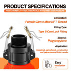 Gasher 3PCS 1/2" Type B Polypropylene Camlock Fitting, Female x Male Thread