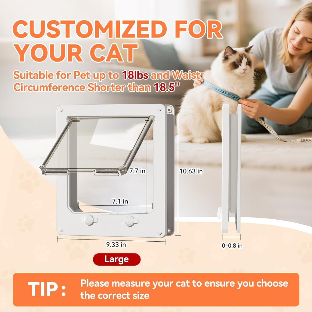 Thin Interior Cat Door, 4 Way Locking Flap for Cats ≤18 lbs, Large