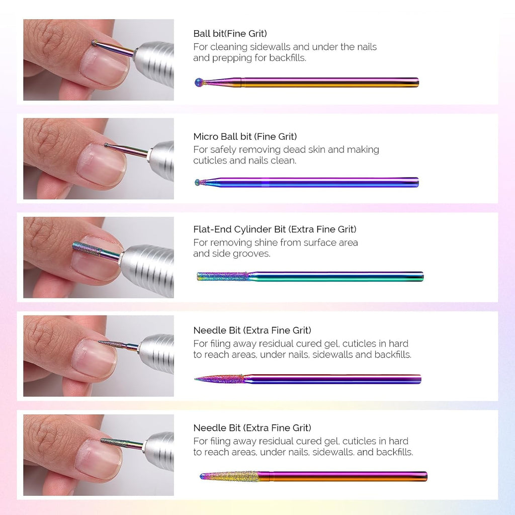 10pcs Nail Drill Bits Diamond Cuticle Set Rainbow | 3/32''for Nail Drill Efile,Two-Way Rotation,Acrylic Nails Poly