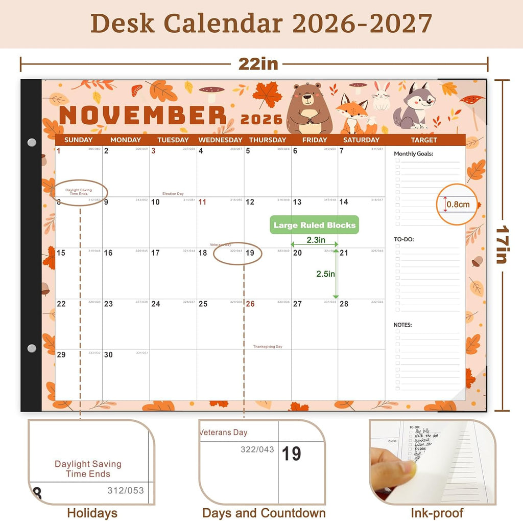 Desk Calendar 2026-2027, Large 22"x17", 18 Months from January 2026 to June 2027, Desktop Calendar with Plastic Cover