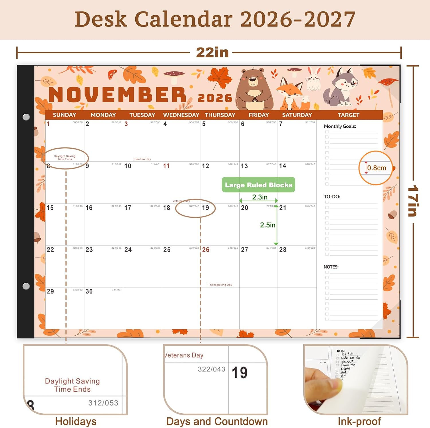 Desk Calendar 2026-2027, Large 22"x17", 18 Months from January 2026 to June 2027, Desktop Calendar with Plastic Cover