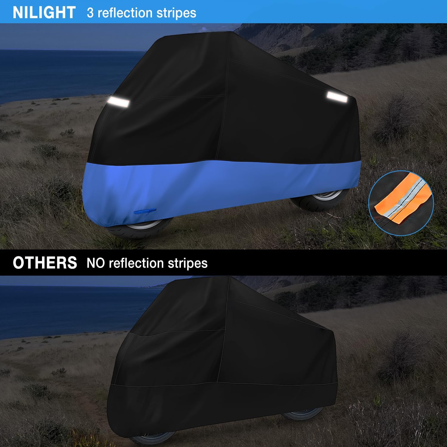 NIilight Motorcycle Cover Waterproof Outdoor All Weather, Up to 108 in | Oxford Fabric with Lock Holes, Reflective