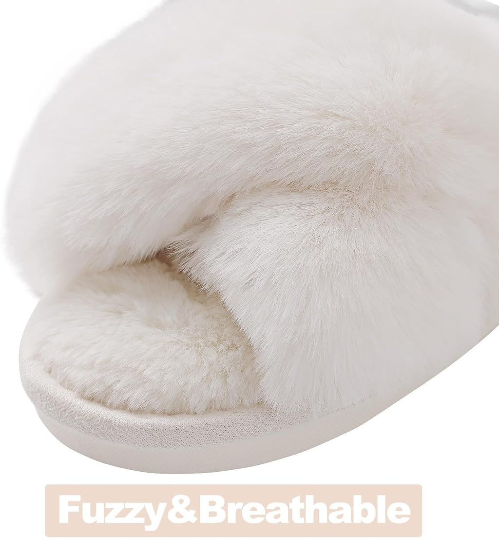 Memory Foam Fuzzy House Slippers for Women | Faux Fur Cross Band Open Toe Indoor Slippers, Gifts for Women, Moms and