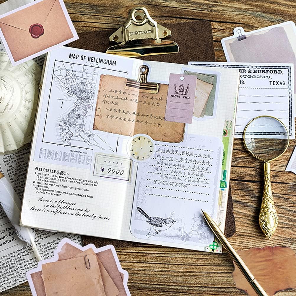 Vintage Scrapbook Paper Stickers, 90 Pcs Antique Looking Aged Paper Classic Old Writing Sticker for Scrapbook