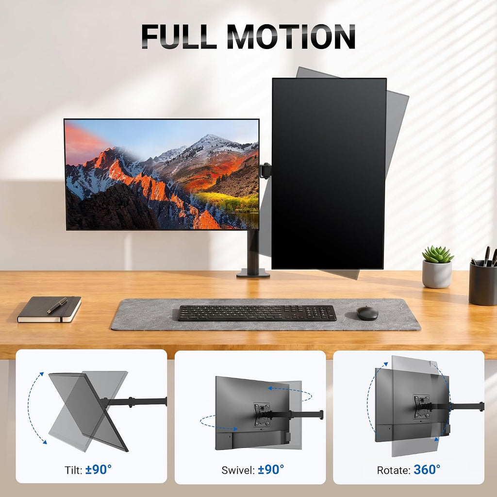Monitor Mount for 13-32 in, Dual Monitor Arm, Up to 19.8 Lbs Each | Full Motion Adjustable Height, 360° Rotate, Tilt