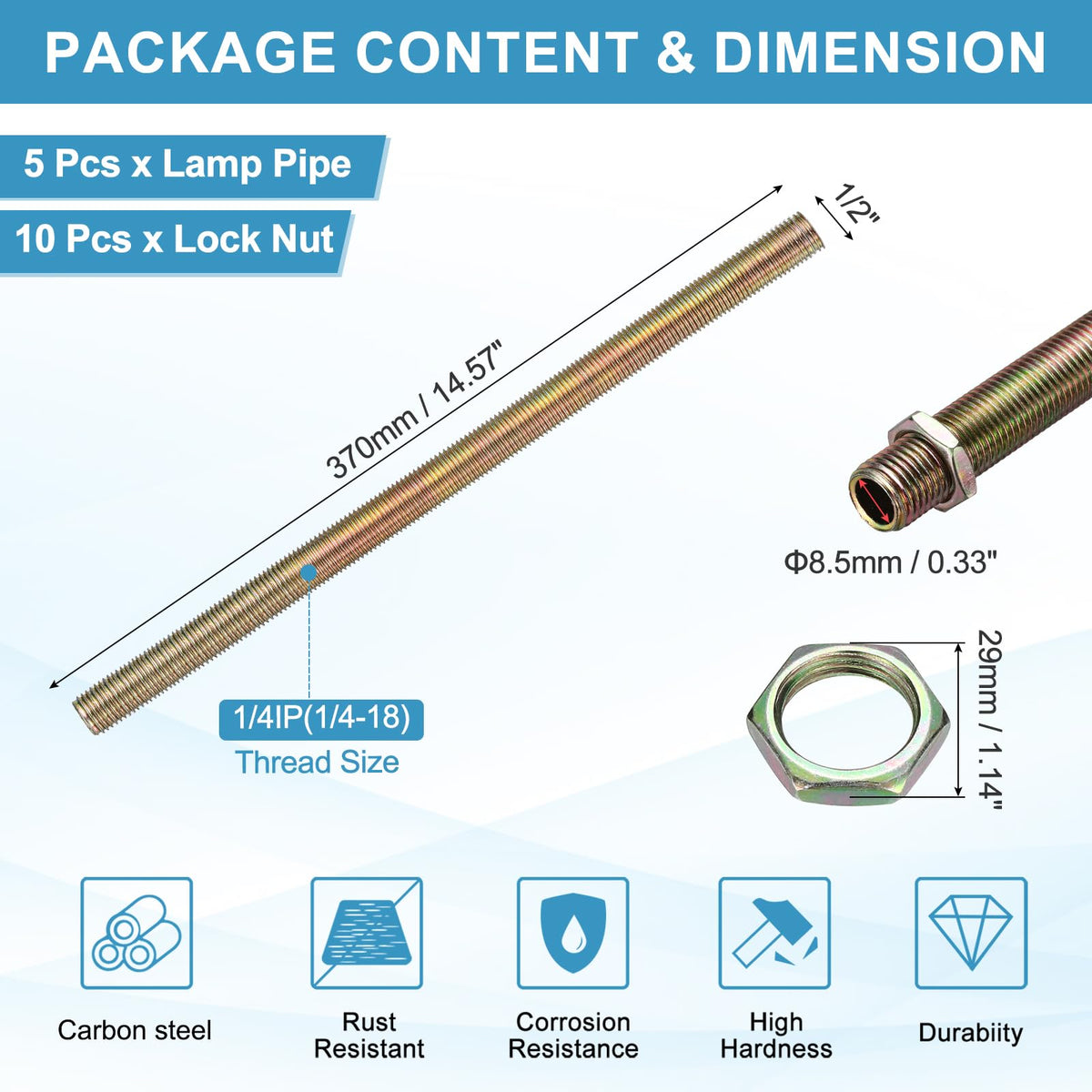 uxcell 5Pcs 1/4IP 14.6" Lamp Pipe Nipples with Lock Nut 1/4-18 Threaded
