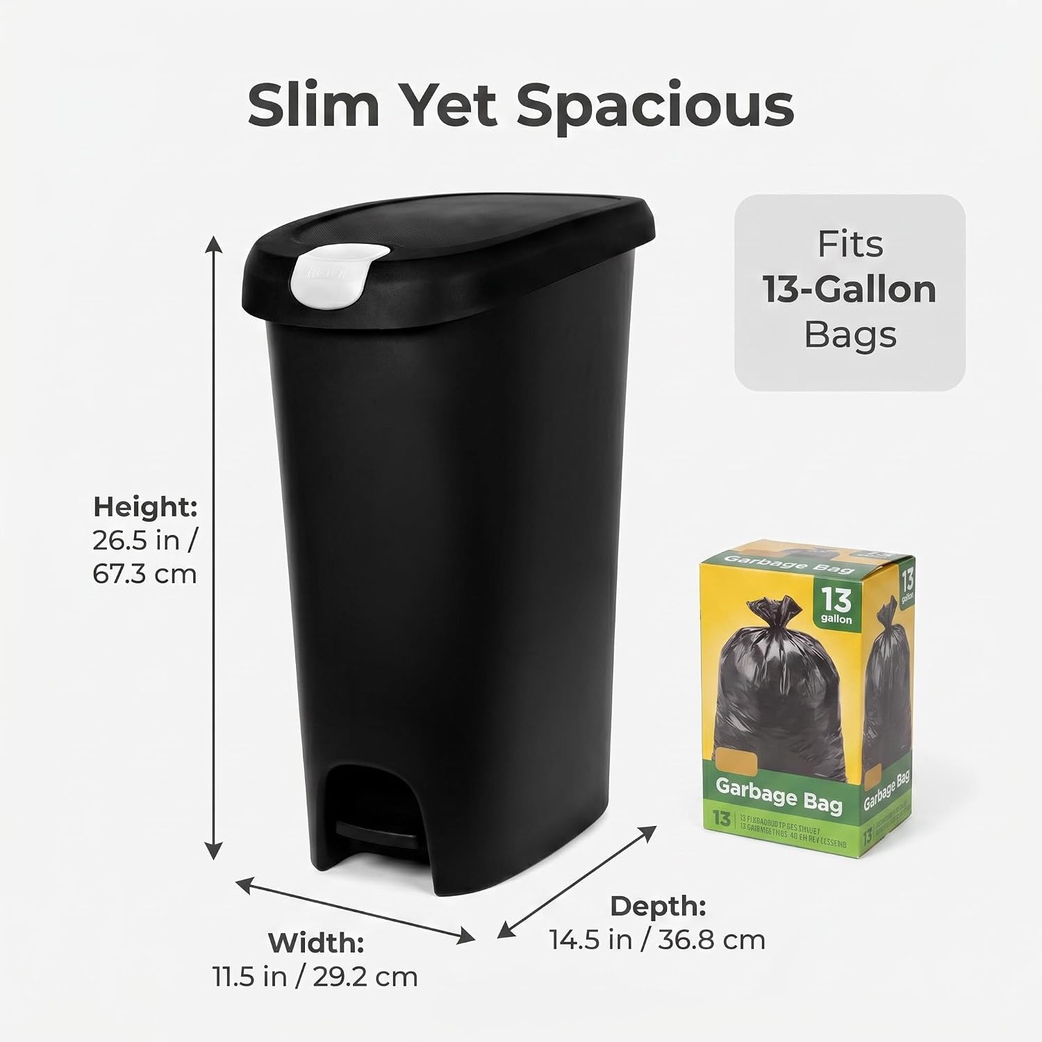 Kitchen Trash Can, 12 Gallon Plastic Slim Step Garbage Bin with Locking Foot Pedal Lid, Hands-Free Black Trash Can