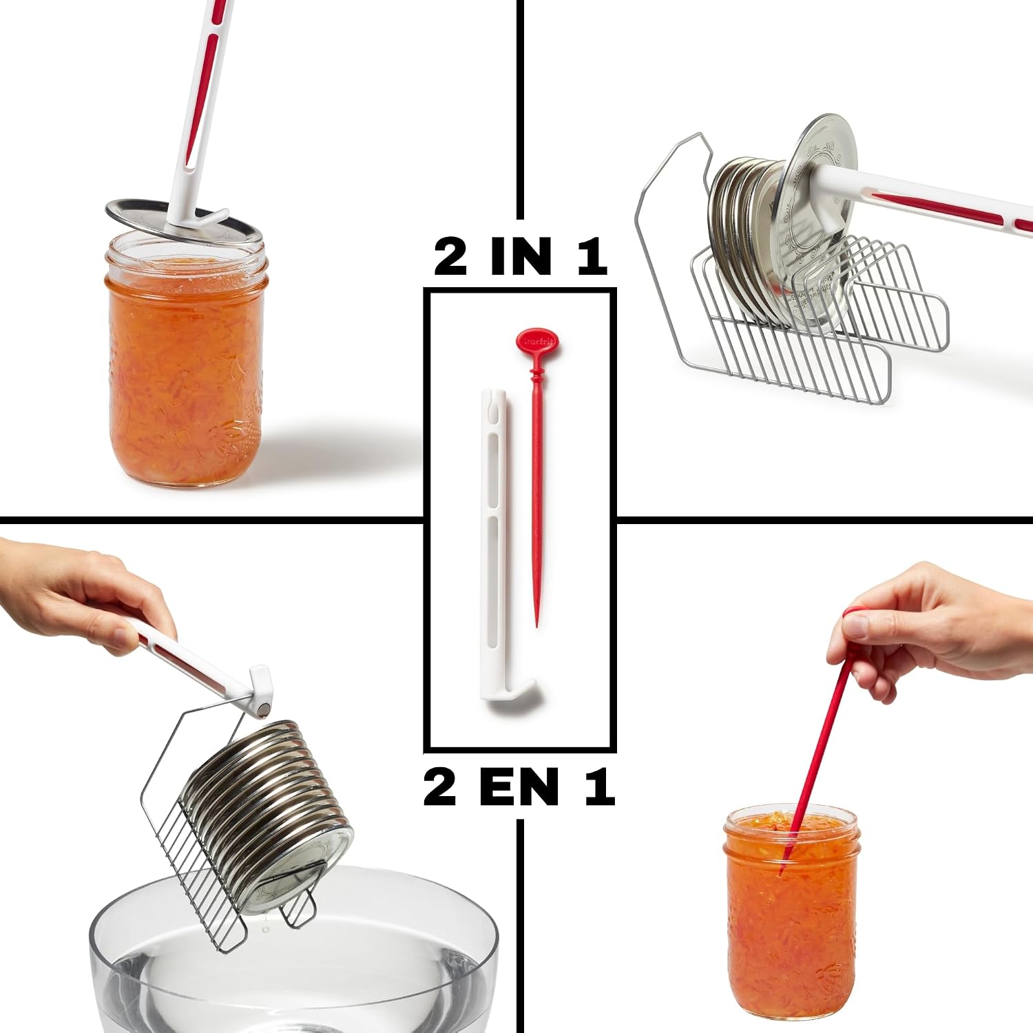 6-Piece Canning Set, Jar Lifter, Funnel & Lid Rack, White & Red