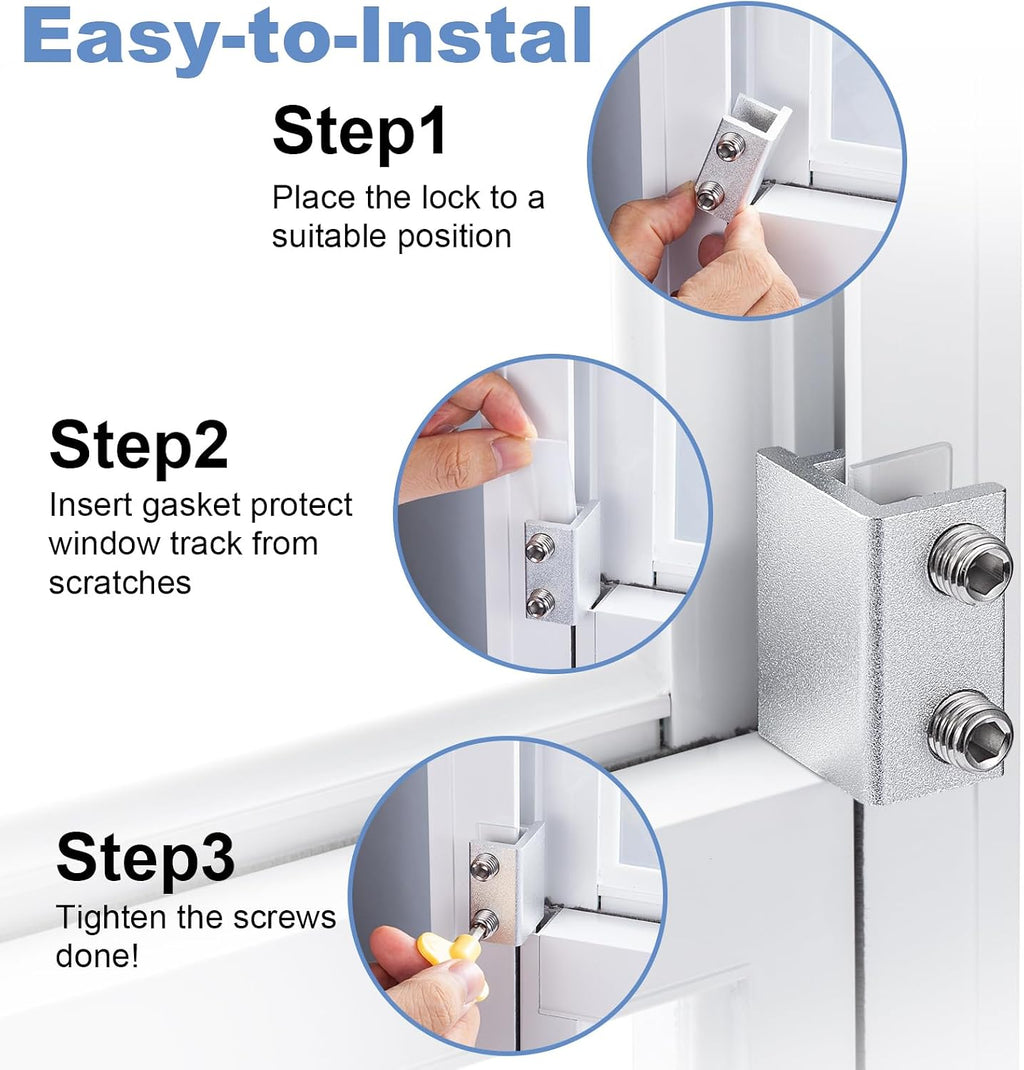 Sliding Window Locks - Horizontal & Up/Down, Adjustable Aluminum, 4 Sets Silver