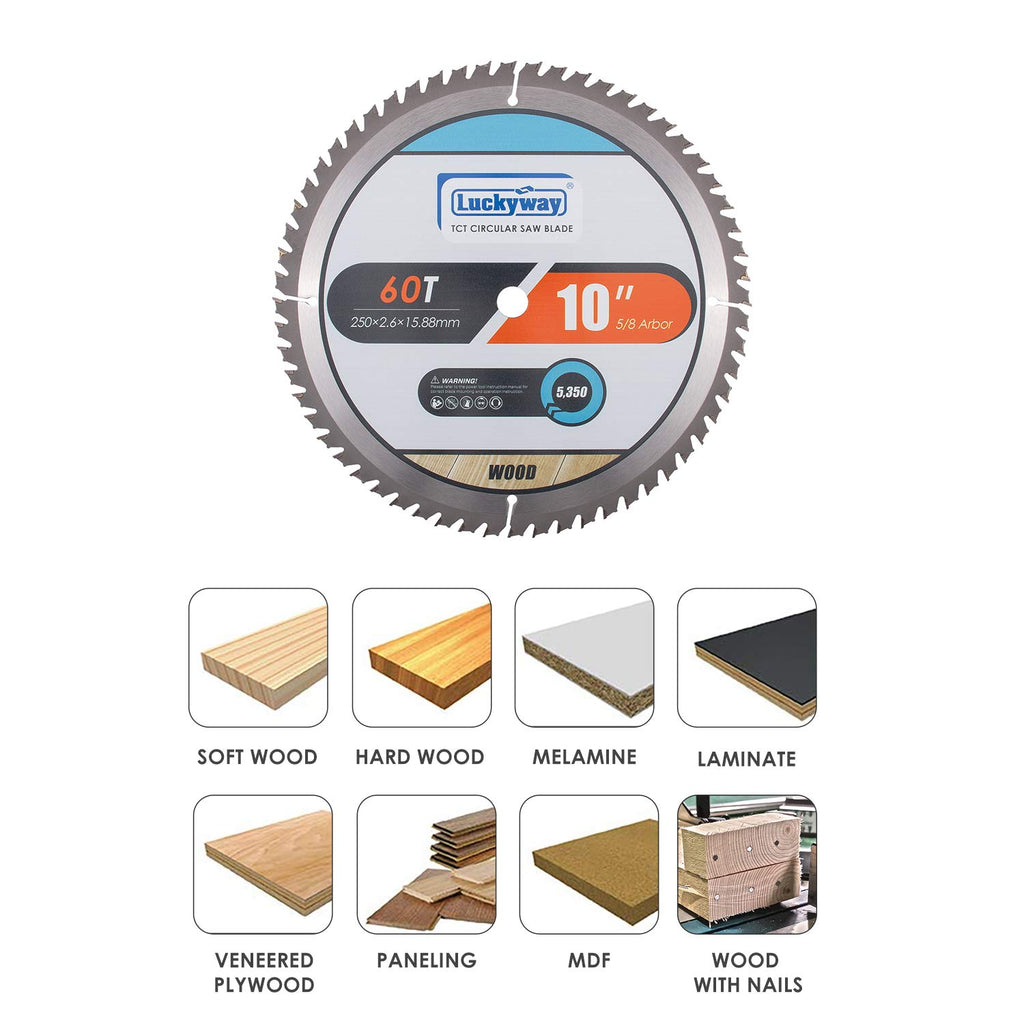 10 Inch Table/Miter Saw Blade 60T Fine Finish with 5/8 Inch Arbor TCT (Tungsten Carbide Tipped) Saw Blade for Cutting