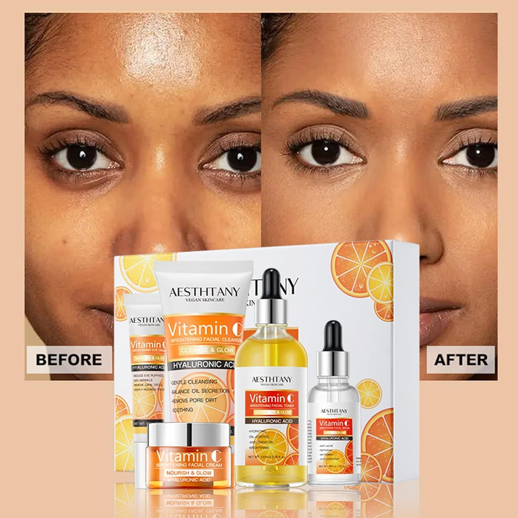 Vitamin C Skin Care Set For Women , 5-In-1 Moisturizing Hyaluronic Acid Skin Care Routine with Facial Cleanser