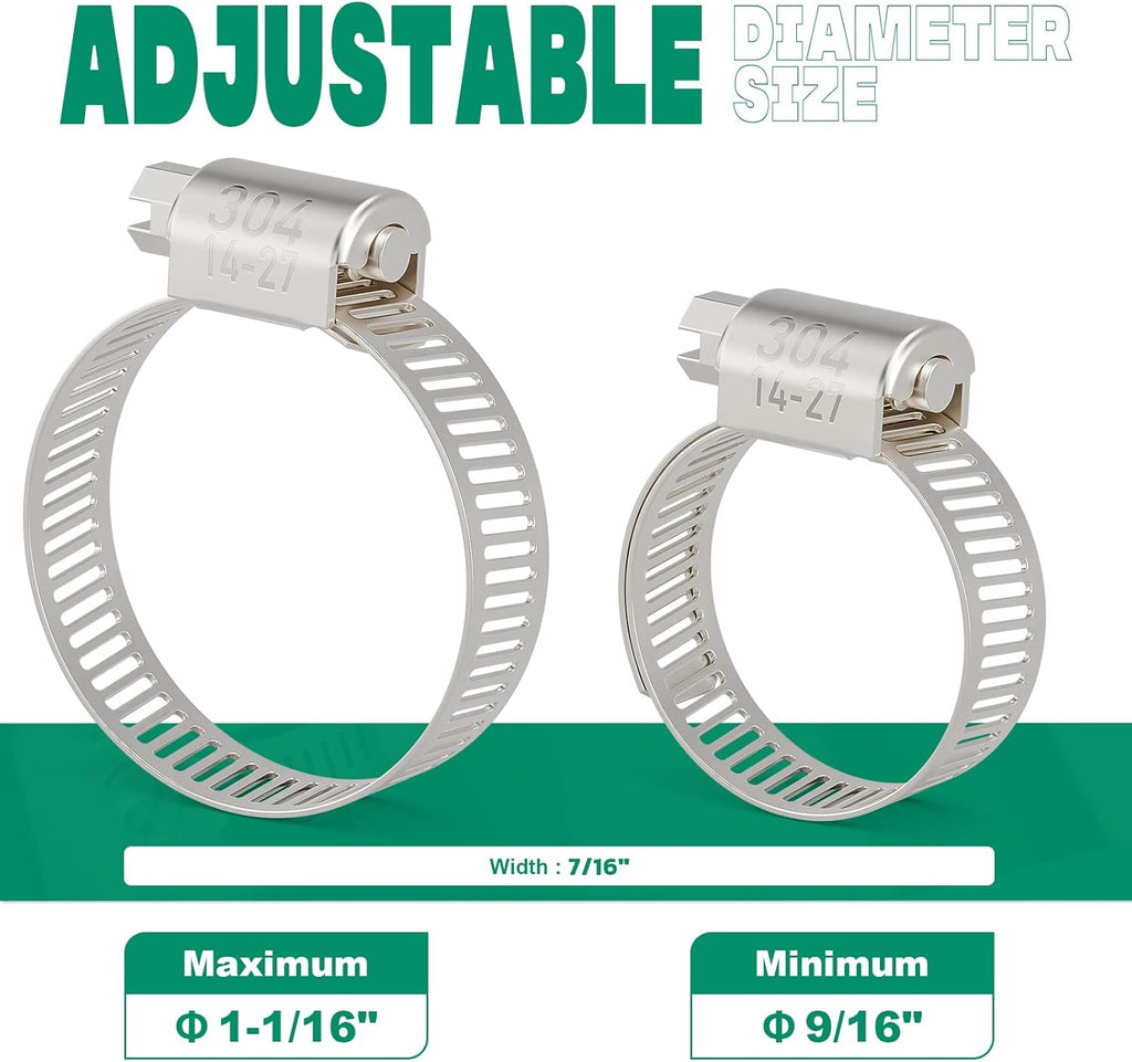 15PCS Hose Clamps Stainless Steel Adjustable 9/16"-1-1/16"(14-27mm) | Heavy Duty, Rust Resistant, Worm Gear Small