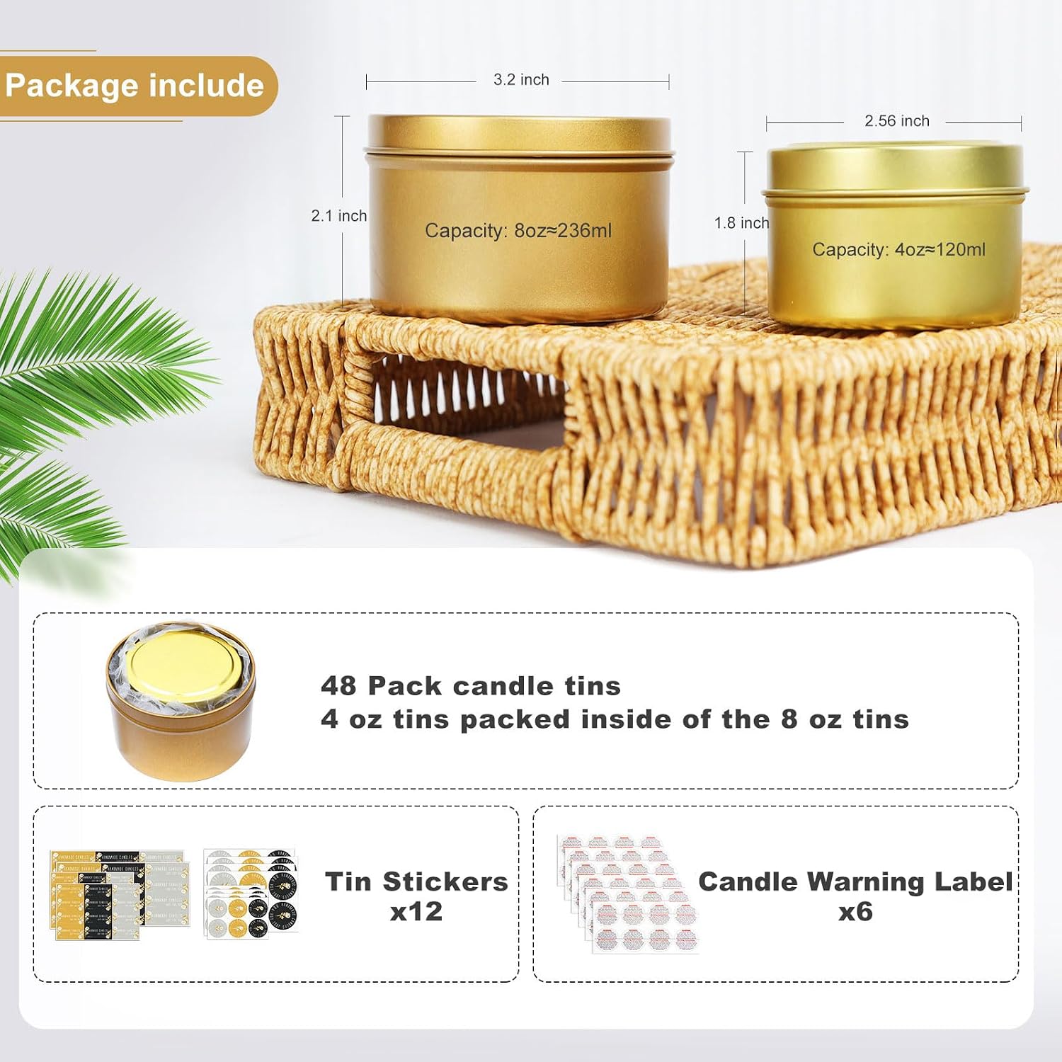 48 Pack - 24pcs 8oz & 24pcs 4oz Matte Gold Candle Tins with Lids | Dual-Size Bulk Empty Candle Containers for Candle