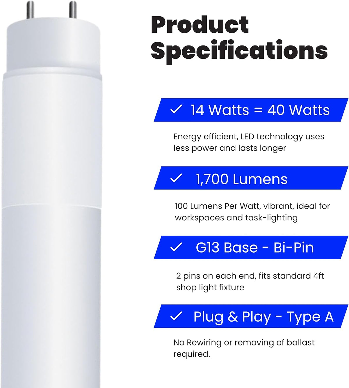 Feit Electric 4ft T8 LED Light Bulbs, 32/40W Eq, Warm White, 4 Pack