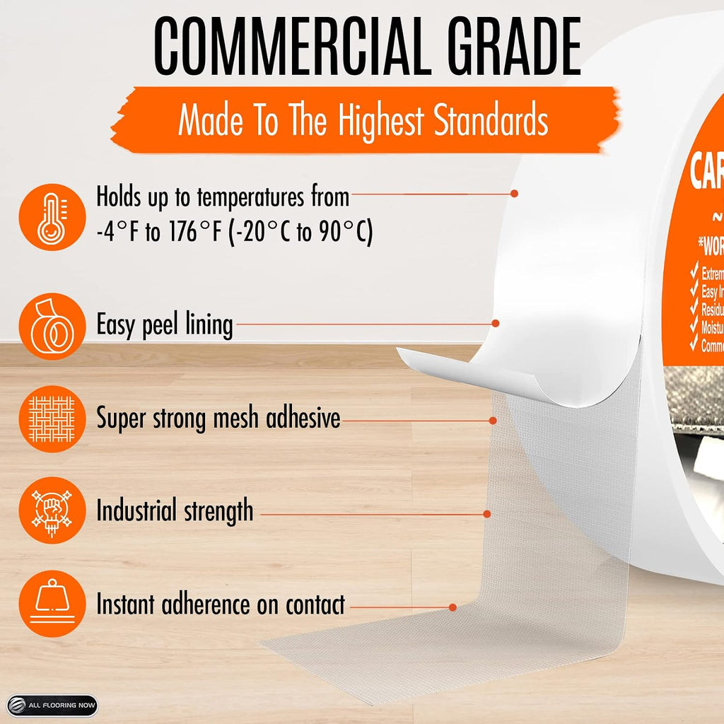 Carpet Tile Tape Wide Double Sided 4in x 90ft - Heavy Duty Reinforced Web Mesh & Residue Free - Indoor Outdoor for