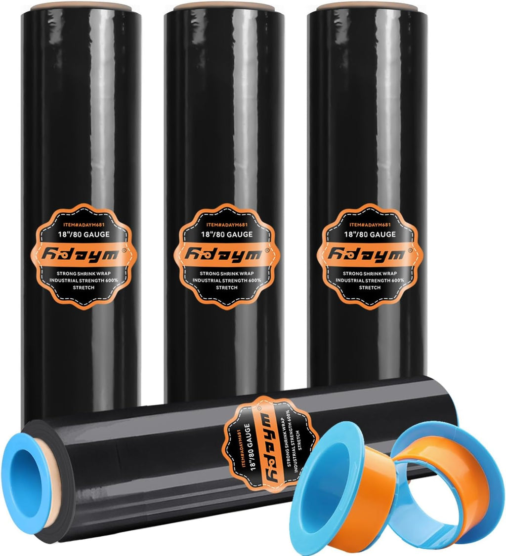 Black Plastic Stretch/Shrink Wrap Roll 18" x 1500' 4 Rolls | Plastic Wrap for Moving, Heavy Duty 80 Gauge, 600%
