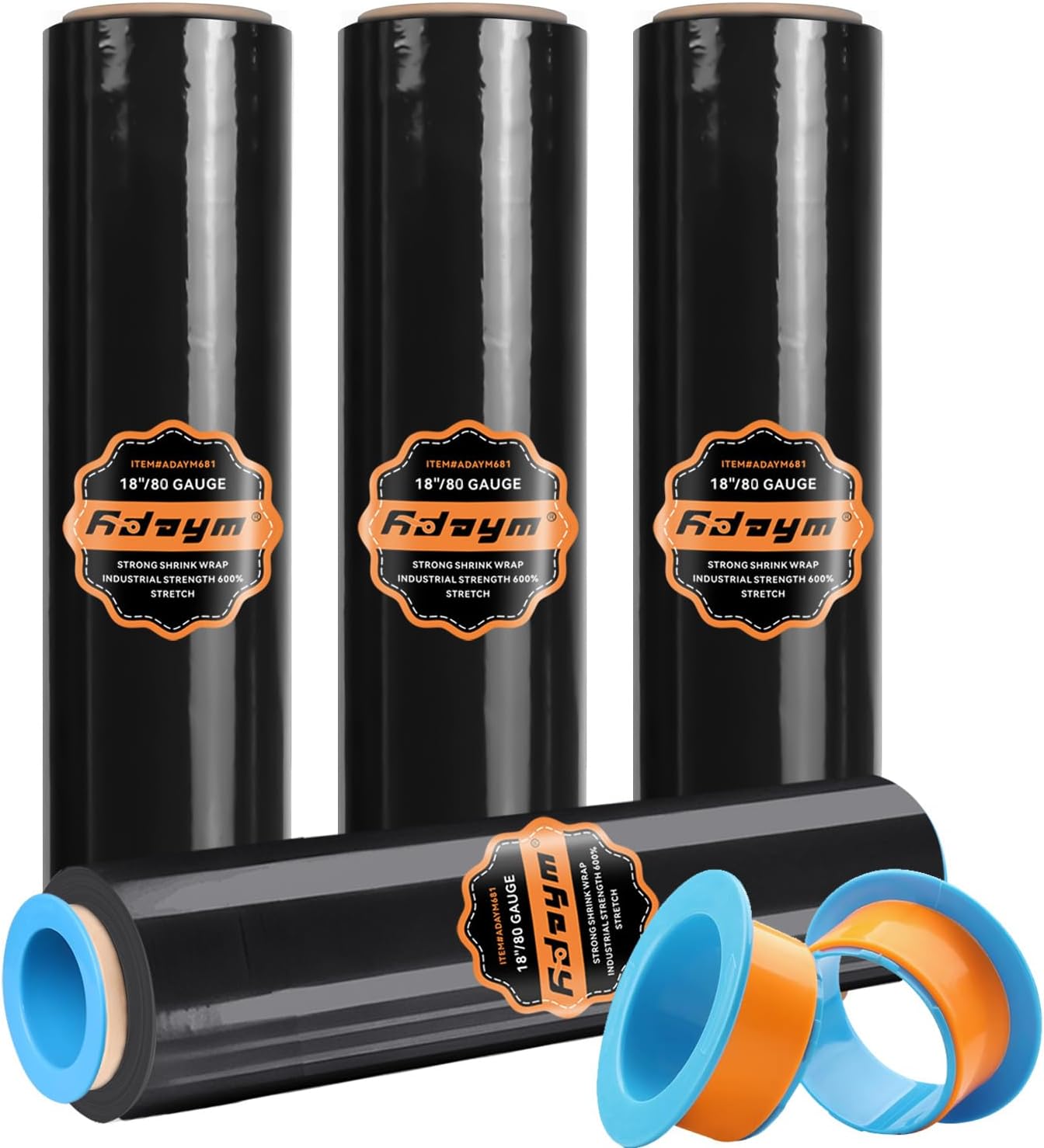 Black Plastic Stretch/Shrink Wrap Roll 18" x 1500' 4 Rolls | Plastic Wrap for Moving, Heavy Duty 80 Gauge, 600%