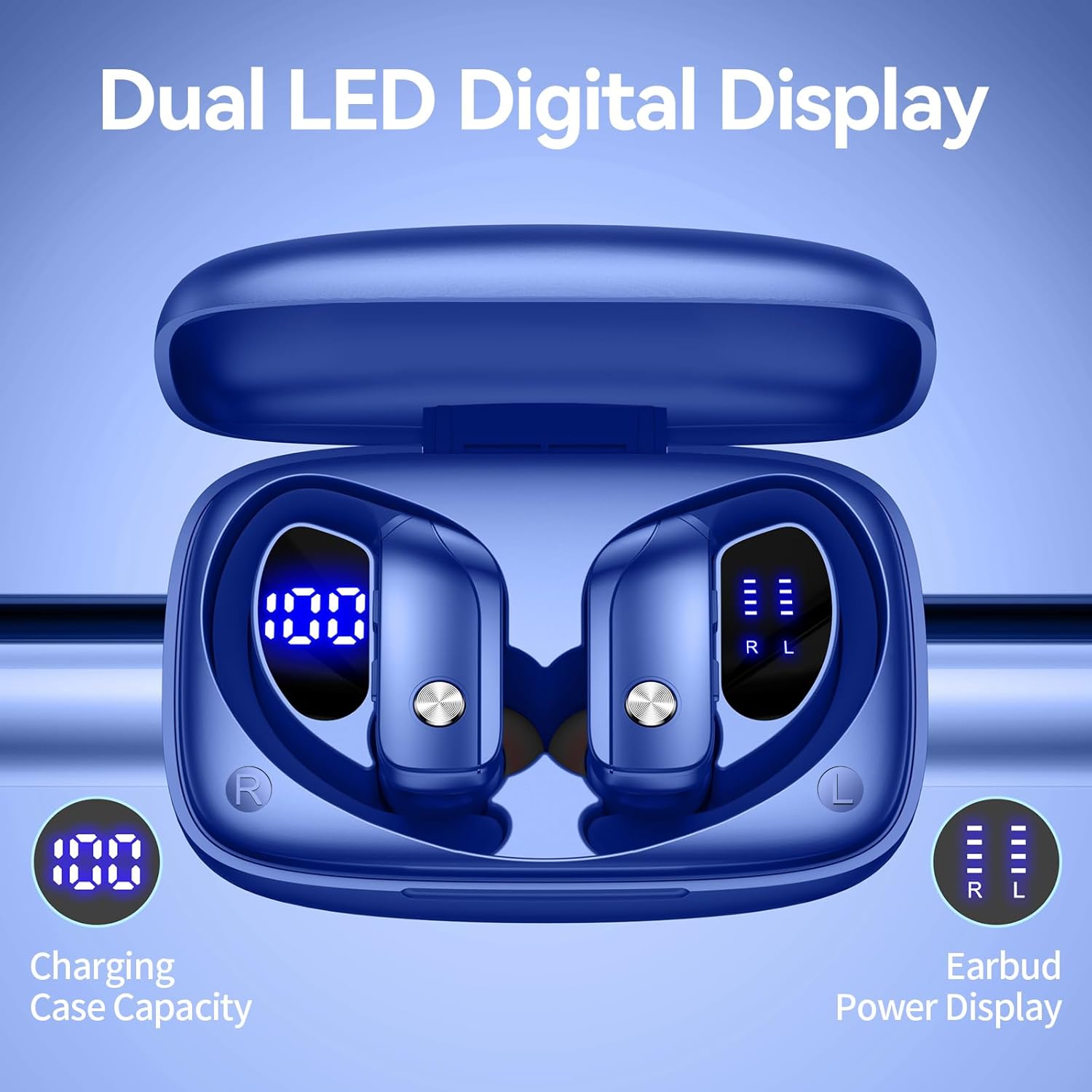 Ear Buds Wireless Earbuds Bluetooth Headphones with 80H Playtime LED Display Case, Over-Ear Hook with Mic, Stereo