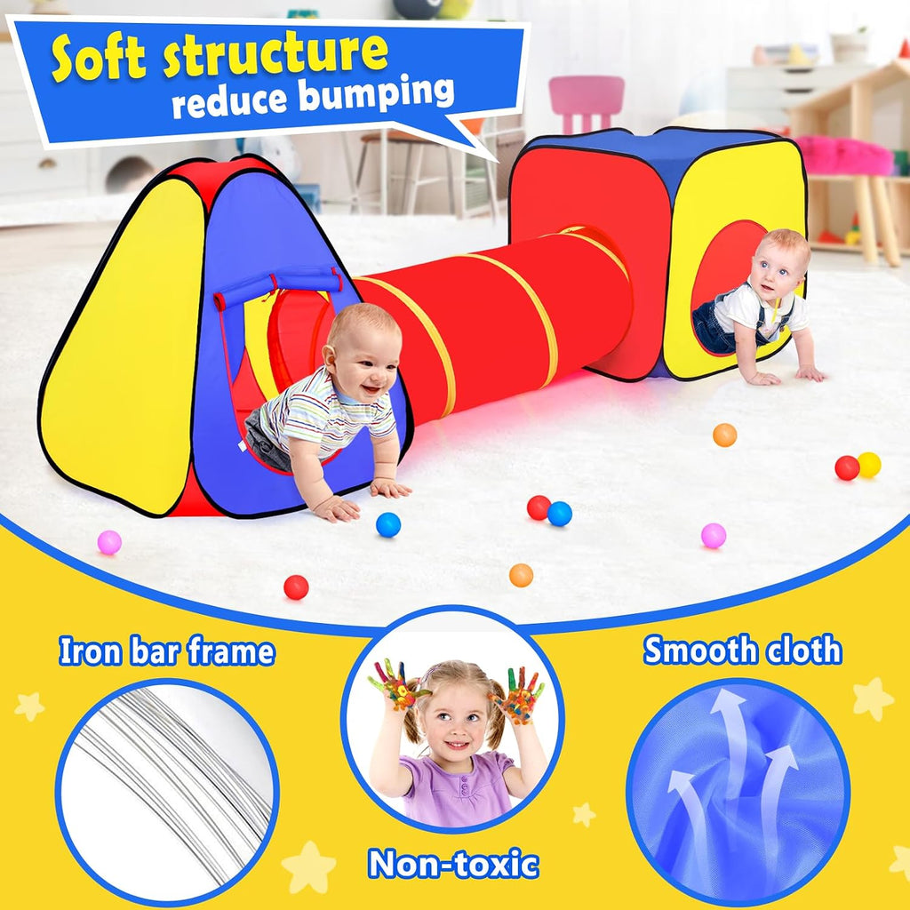 Kids Play Tent with Ball Pit and Crawl Tunnel Toddlers Playhouse Gift Toy | 3 in 1 Colorful Pop Up Play Fort