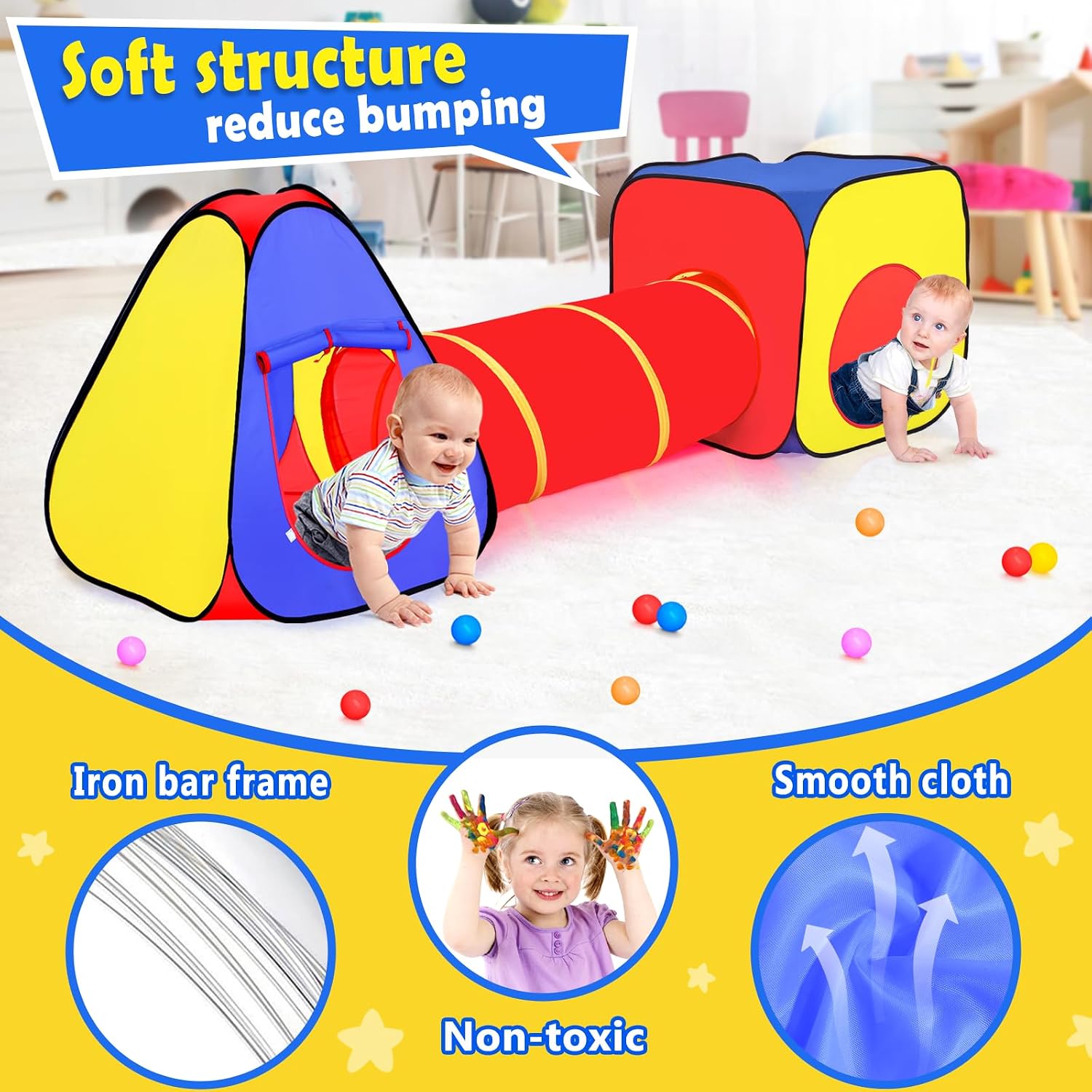 Kids Play Tent with Ball Pit and Crawl Tunnel Toddlers Playhouse Gift Toy | 3 in 1 Colorful Pop Up Play Fort