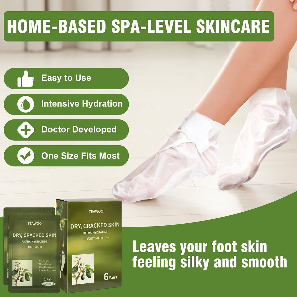 6 Pairs Moisturizing Foot Masks with Shea Butter, Jojoba Oil | Hydrating Foot Mask For Dry Cracked Feet, Moisturizing