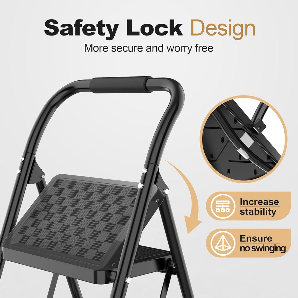 3 Step Ladder, Step Stool Foldable for Adults with Wide Anti-Slip Pedal, Lightweight 3 Step Ladders for Home, Black