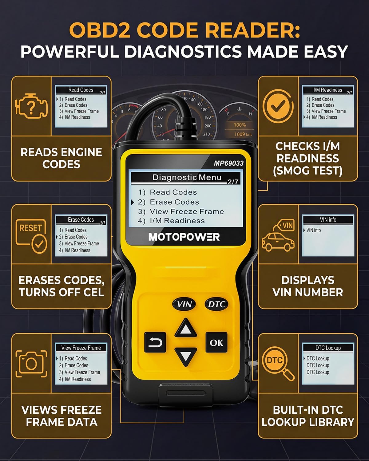 MP69033 Car OBD2 Scanner Code Reader Engine Fault Scanner CAN Diagnostic Scan Tool for All OBD II Protocol Cars Since