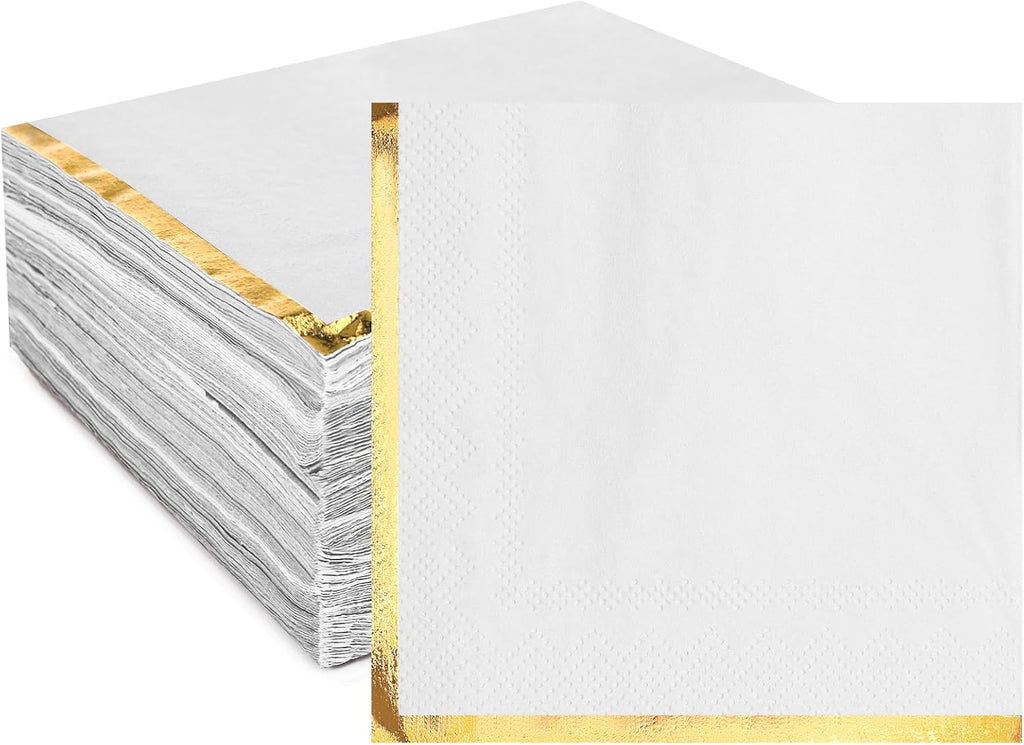 100 Pack 2 Ply Cocktail Napkins Gold Foil Edge 5x5 In,White