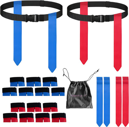 Flag Football Belts Set for 14 Players – 28 Durable Red & Blue Flags with 4 Extra Flags, Adjustable Belts & Carry Bag